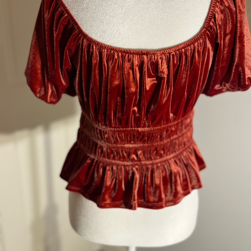 ROW A Women’s Burnt Velvet Tiered Hem Stretch Crop Top Shirt Medium Nordstrom - Picture 7 of 12